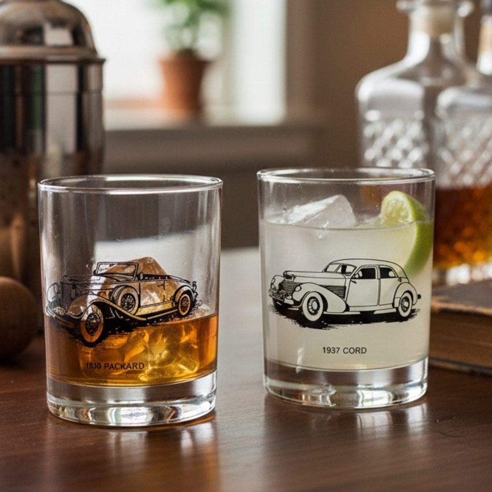 Vintage Classic Car Whiskey Glasses - Set of 2 - 1930 Packard & 1937 Cord